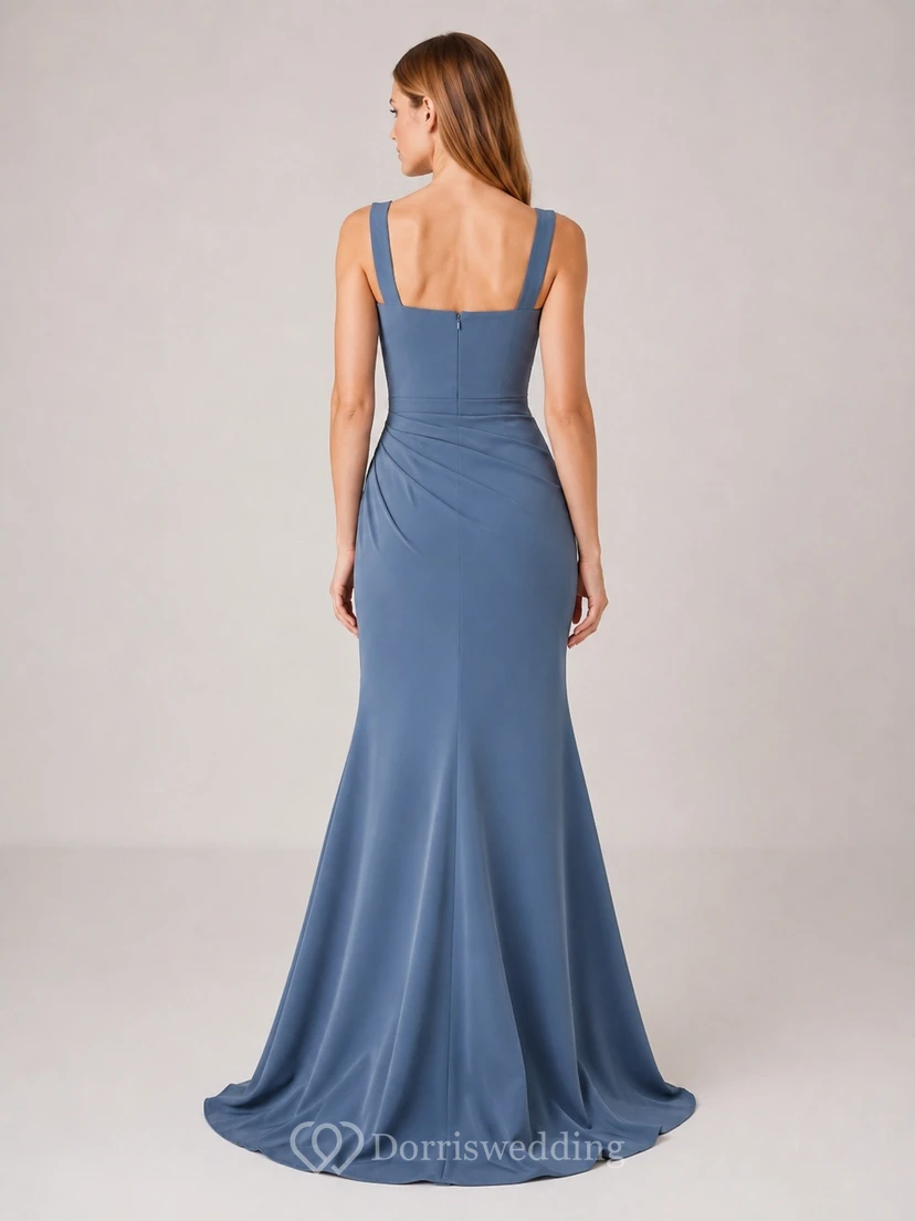 Robe de bal sirène sans manches à col carré en satin stretch bleu acier, longueur au sol, col carré view 2