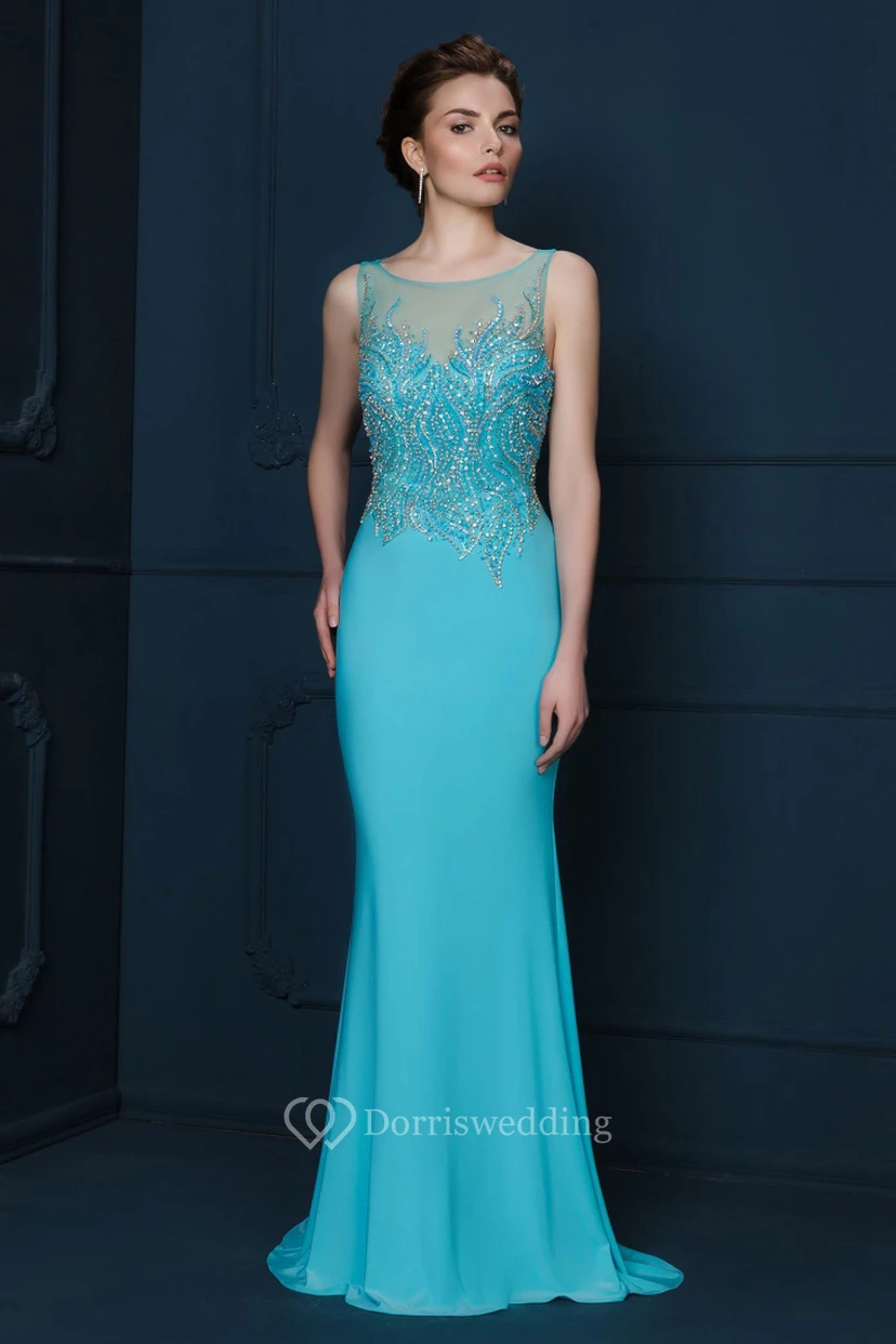 Sheath Beaded Scoop-Neck Sleeveless Long Jersey Evening Dress