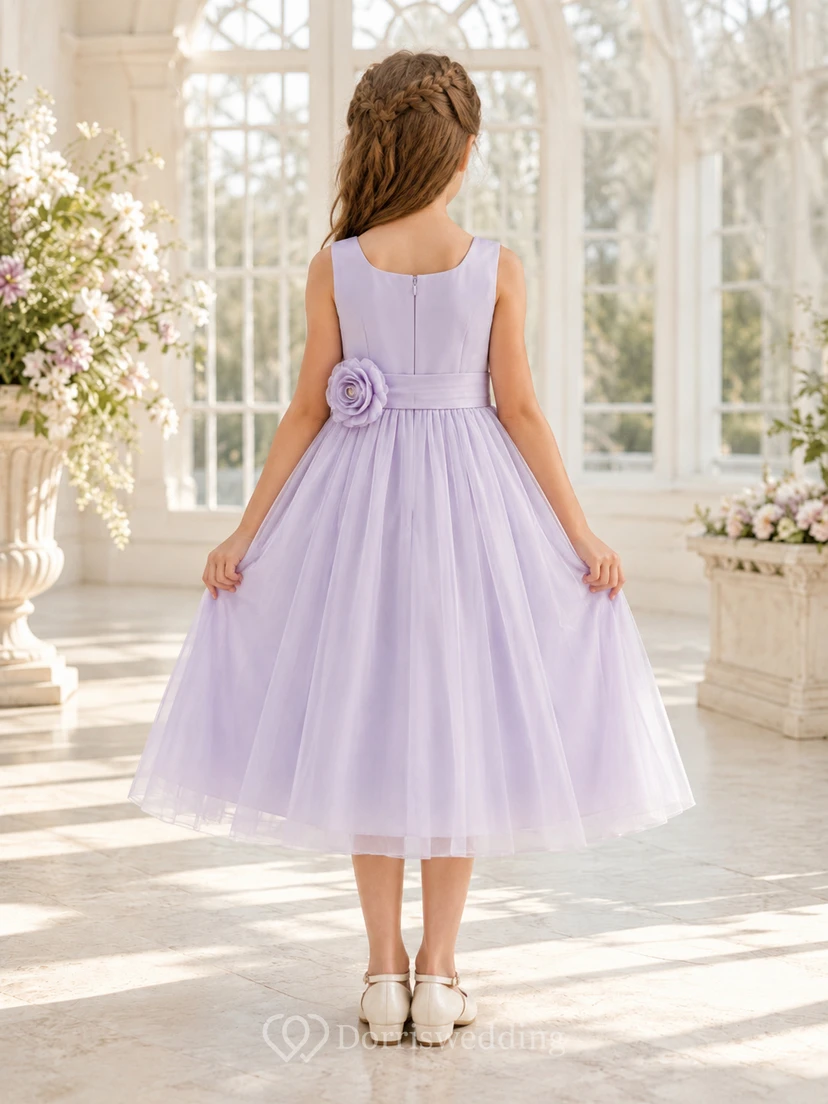 Lavender Rosette Tulle A-Line Flower Girl Dress with Jewel Neck and Tea-Length Skirt view 2