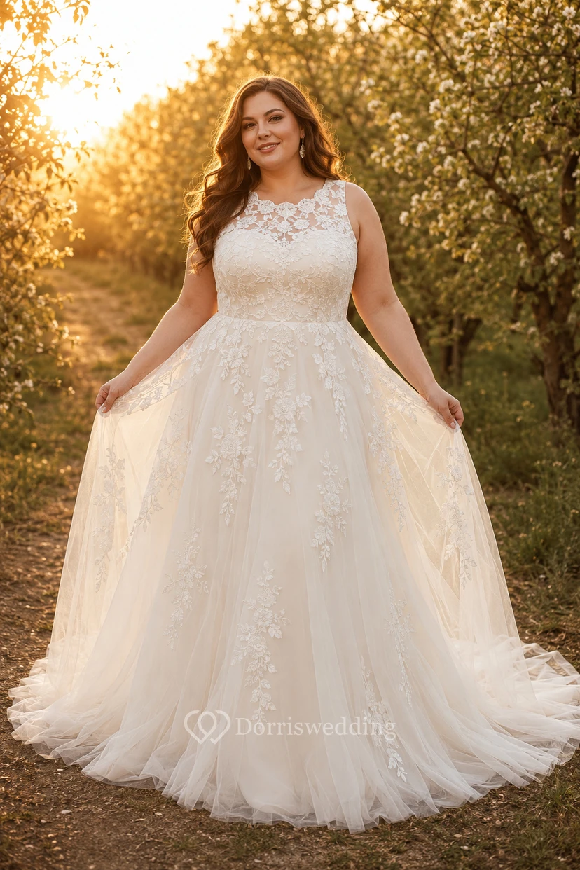 Plus Size Ivory High Neck Lace Bodice Tulle Ball Gown Wedding Dress