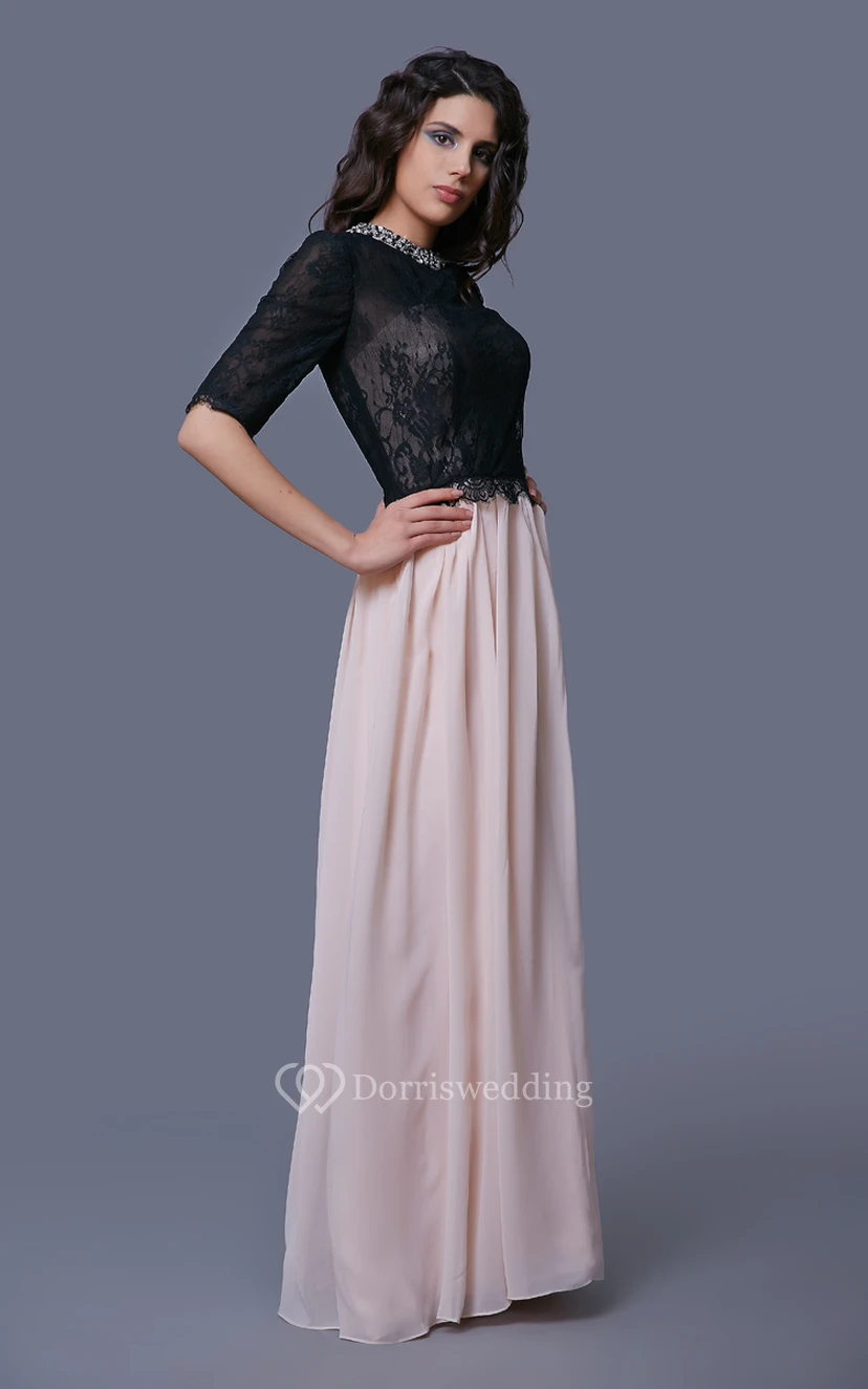 Lace and Chiffon A-Line Floor Length Dress With Half Sleeves and Jeweled Neck view 3