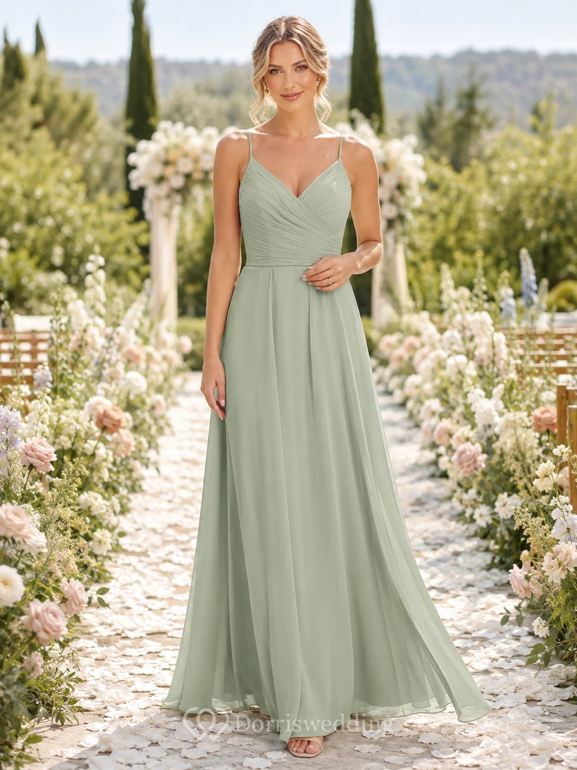 Sage green spaghetti V-neck chiffon floor length bridesmaid dress