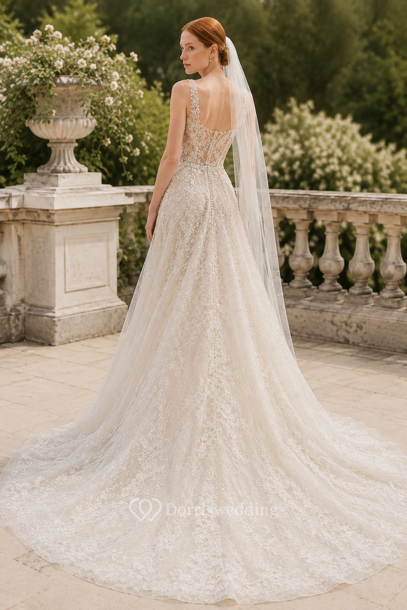 Robe de mariée trapèze à fines bretelles et perles, avec traîne chapelle view 2