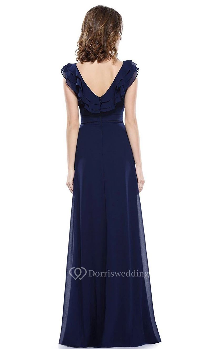 Cap-sleeved A-line Long Chiffon Dress with Ruffles view 2