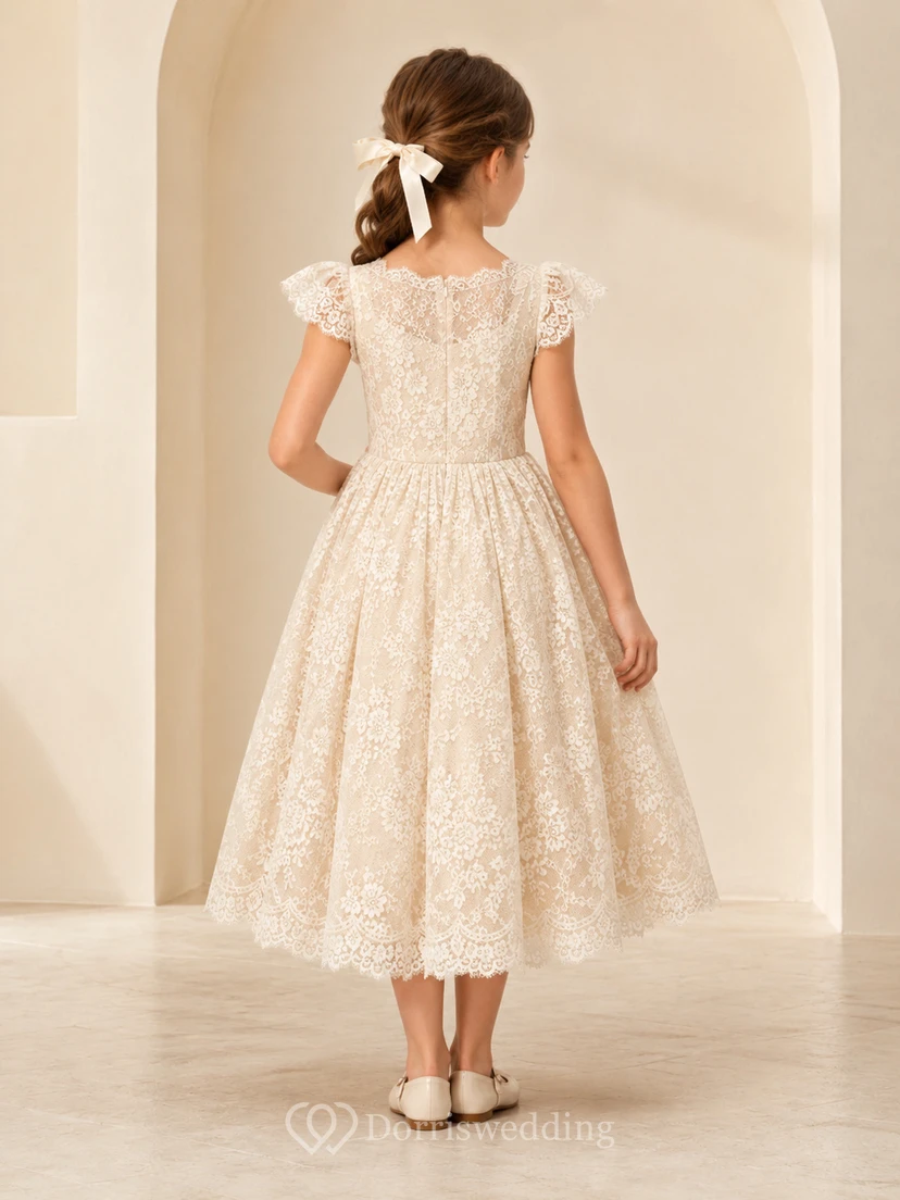 Robe de demoiselle d'honneur élégante, coupe trapèze, en tulle et dentelle florale, col carré, manches pétales, longueur thé view 2
