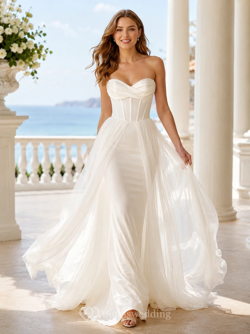 Vestido de novia sencillo sin tirantes con corsé y falda transparente desmontable, corte en A.