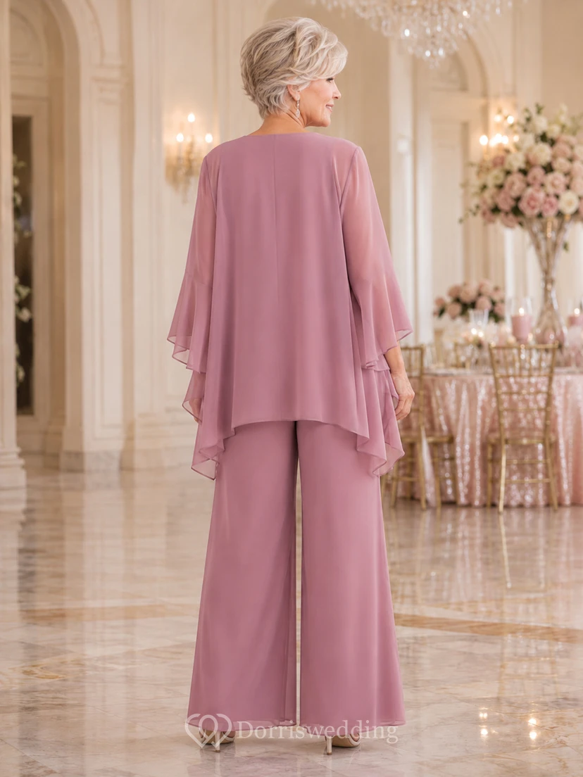 Dusty Rose Mother Jumpsuit with Jewel Neck Pleated Bodice Cape and Wide Leg Pants view 2