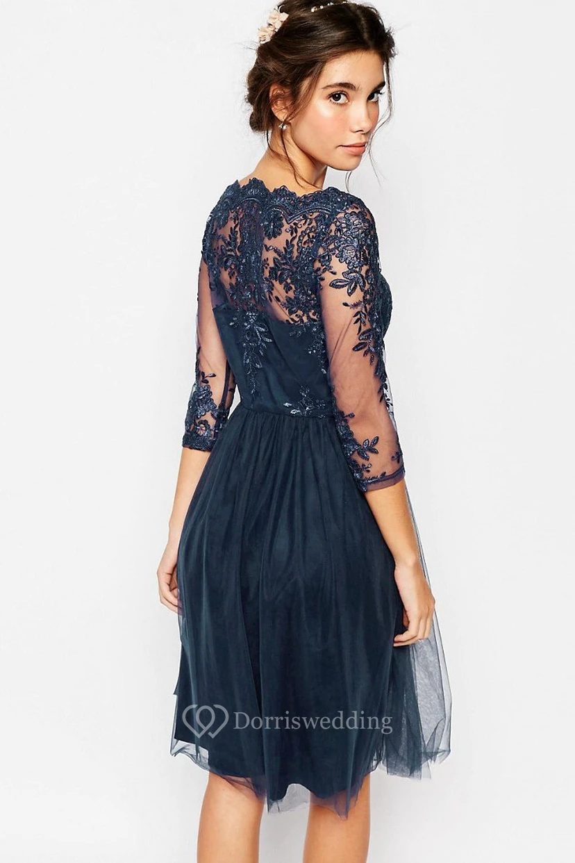 3-4-Sleeve Bateau-Neck Knee-Length Tulle Bridesmaid Dress With Illusion view 2
