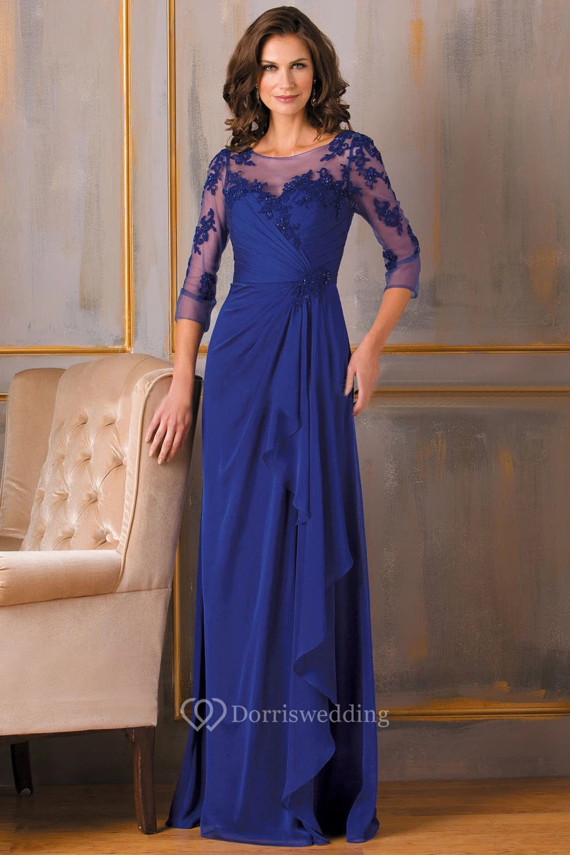 Sheath 3-4-Sleeve Floor-Length Appliqued Chiffon Mother Of The Bride Dress