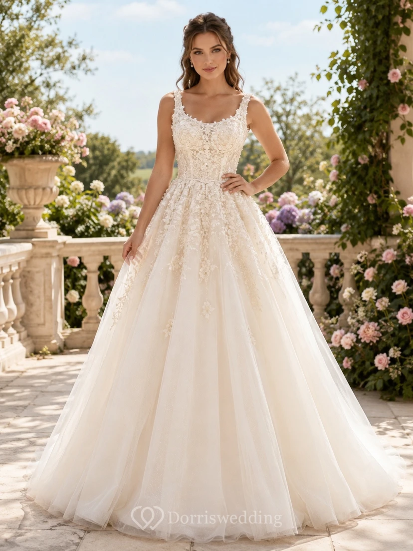 Vestido de gala de princesa color marfil con escote cuadrado, encaje y tul