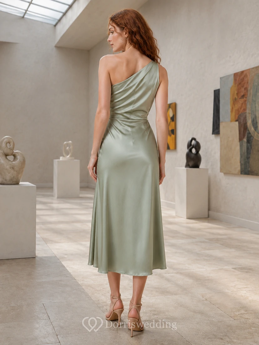 Sage one shoulder draped satin gallery guest midi dress view 2