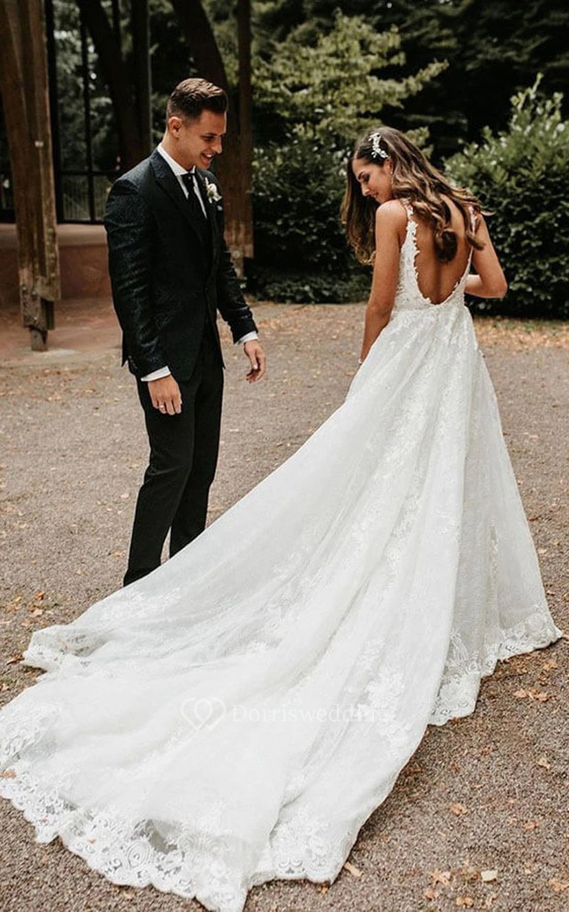 V-neck A-line Sleeveless Backless Country Lace Beach Wedding Dress view 4