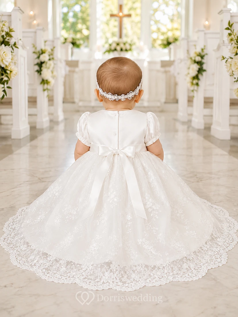 Lace Hem Baby Baptism A-Line Puff Sleeve Tea-Length Dress Elegant Adorable Romantic Satin view 2