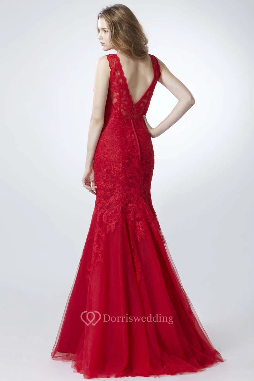 Meerjungfrauen-Abendkleid mit Applikationen, V-Ausschnitt, bodenlang, ärmellos, aus Spitze, tiefem V-Ausschnitt am Rücken und Brosche view 3