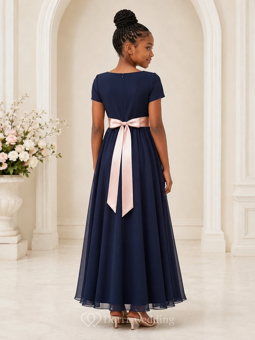 Dark Navy Junior Bridesmaid Dress A-Line Jewel Short Sleeve Chiffon Contrast Sash Elegant view 2
