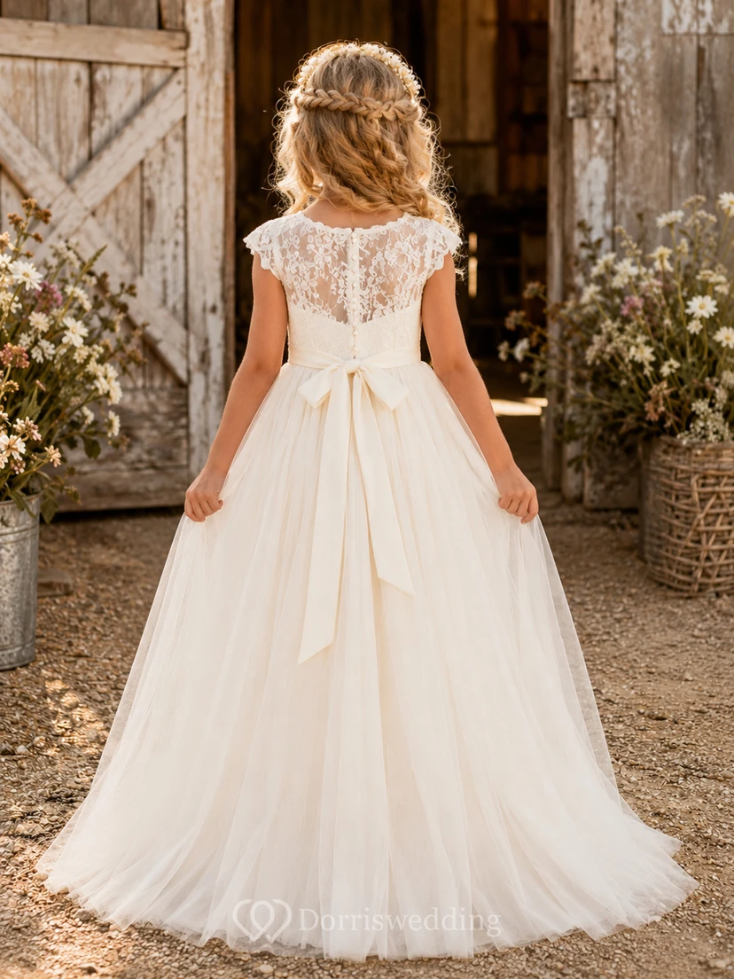 Blumenmädchenkleid aus Tüll mit Spitzenärmeln view 2