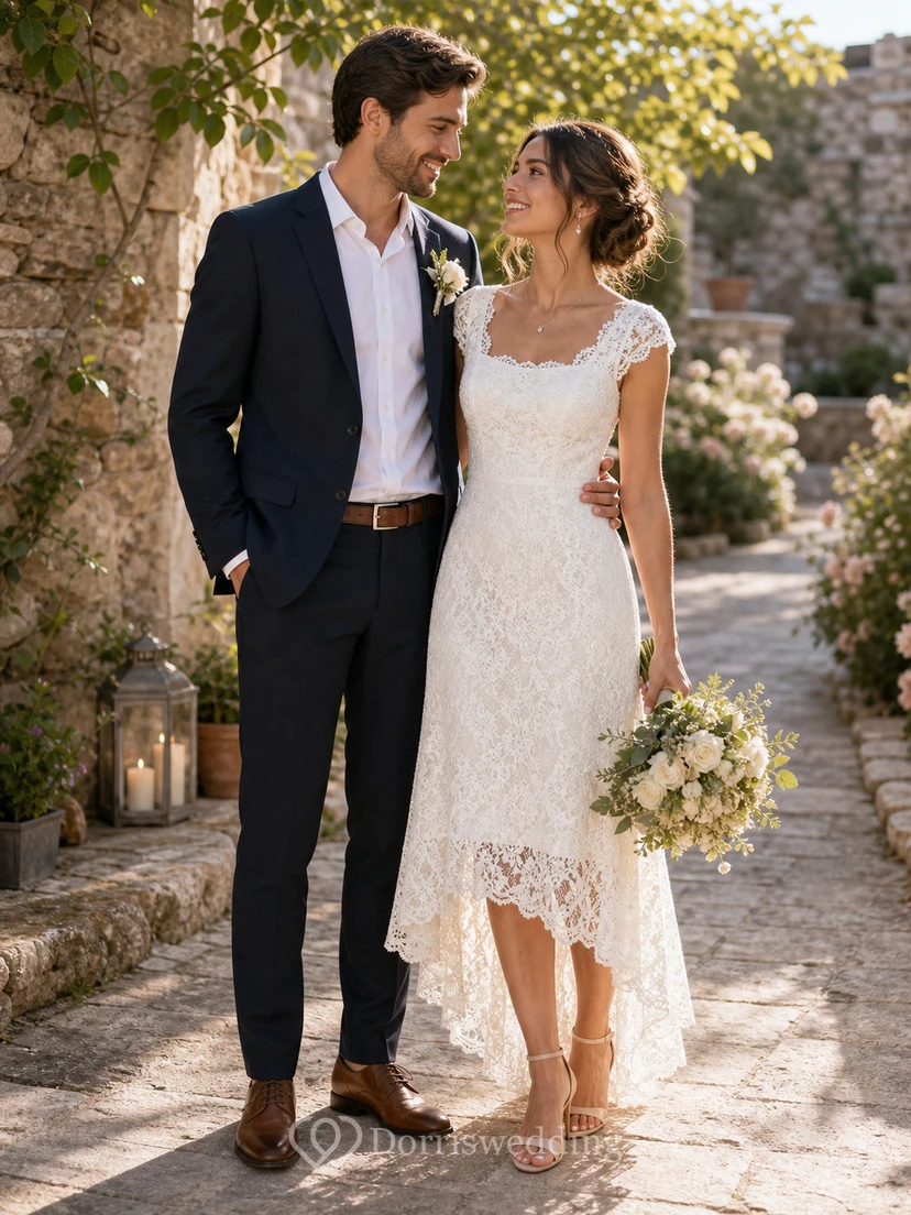 Elegantes Brautkleid aus Spitze mit hohem/tiefem U-Ausschnitt, kurzen Ärmeln und schlichter Eleganz video preview