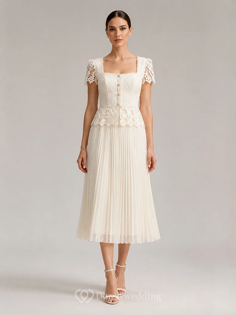 Square neck lace sleeve pleated tea length wedding dress
