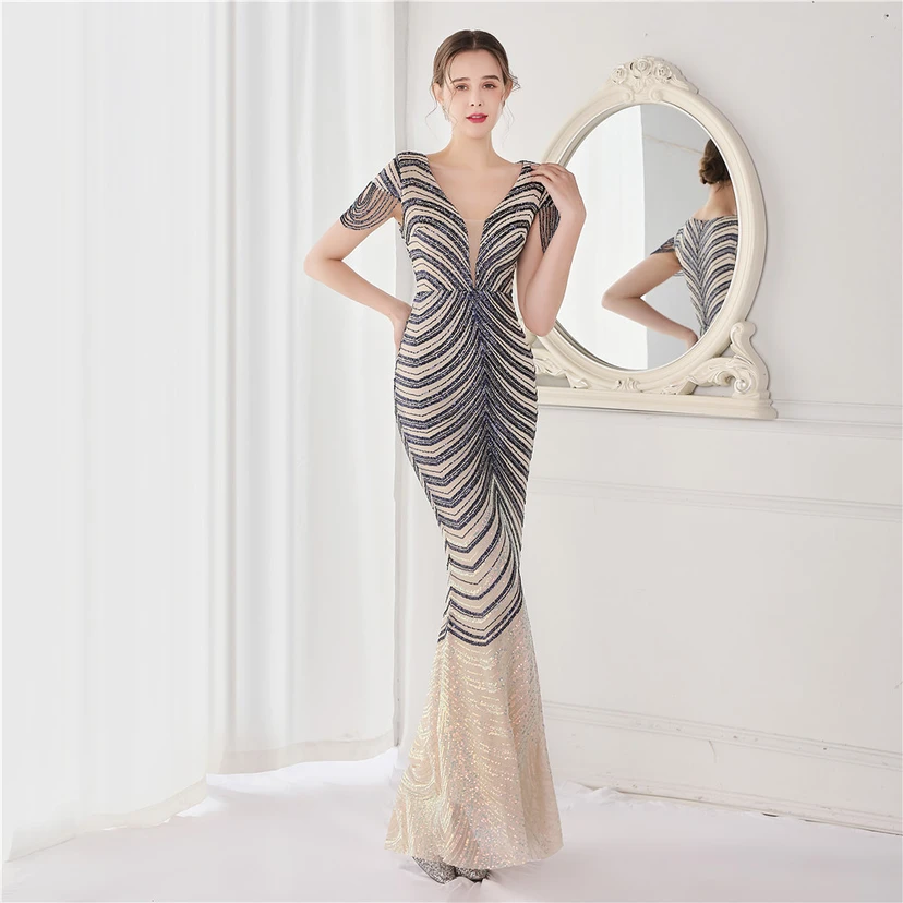 Paillettenbesetztes, handwerklich perfekt gefertigtes, perlenbesetztes Party-Abendkleid – sexy langes Kleid für die Braut view 28
