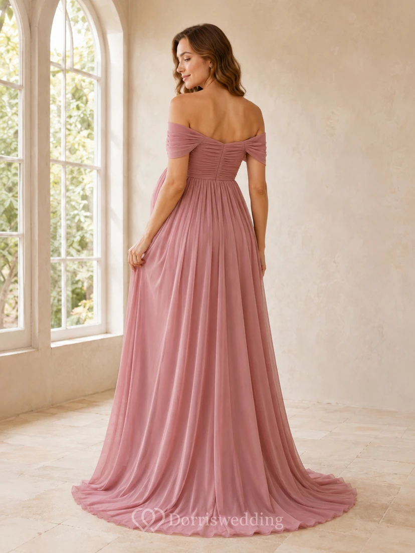Rose Window Empire Floor-Length Off-Shoulder Short-Sleeve Chiffon Romantic Maternity Dress view 2