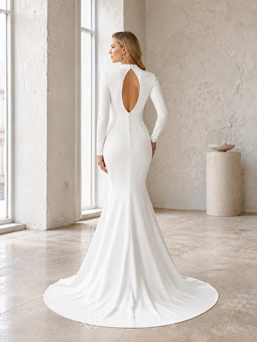 Minimalist High Neck Long Sleeve Mermaid Keyhole Back Sweep Train Wedding Dress view 2