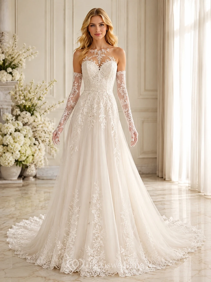 Vestido de novia de encaje con cola larga y corte en A