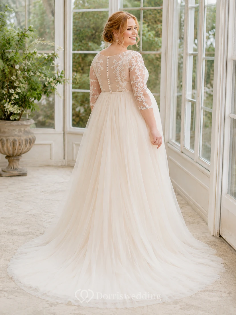 Robe de mariée empire élégante en tulle, col rond et manches trois-quarts en dentelle, grande taille, pour maternité. view 2