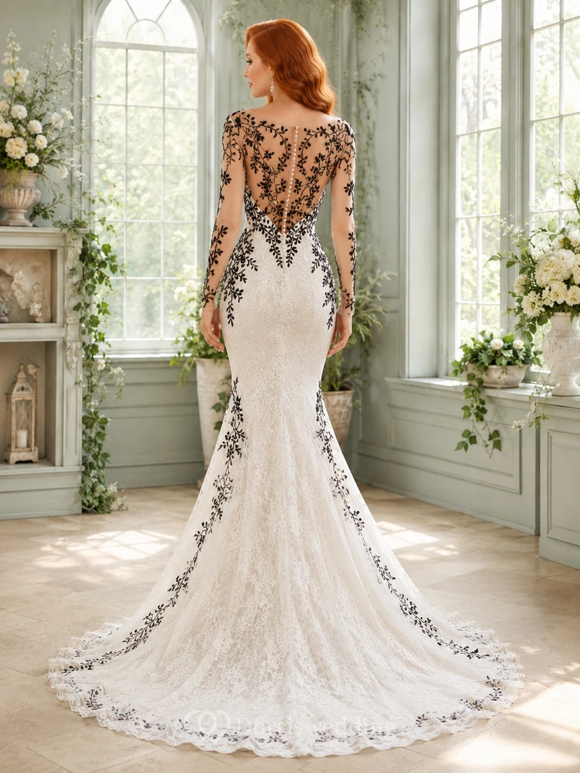 Schwarzes, romantisches Brautkleid mit floraler Spitze, U-Boot-Ausschnitt, langen Ärmeln, Meerjungfrauen-Schleppe und Schleppe view 2