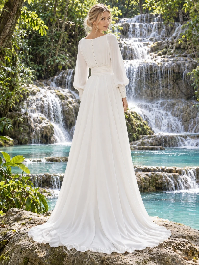 Simple High Neck Long Poet Sleeve Covered A-Line Bridal Wedding Dress view 2