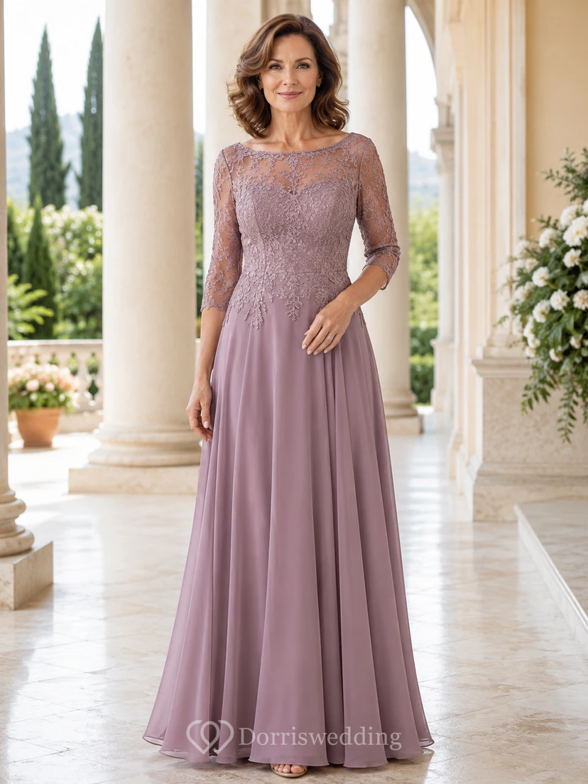 Vestido de maternidad largo hasta el suelo, de gasa con encaje floral, escote corazón ilusión y mangas tres cuartos, color malva.