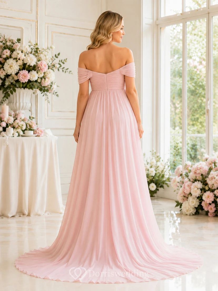 Vestido formal largo hasta el suelo de gasa de lujo color rosa rubor para embarazadas, con escote corazón y hombros descubiertos, estilo imperio. view 2