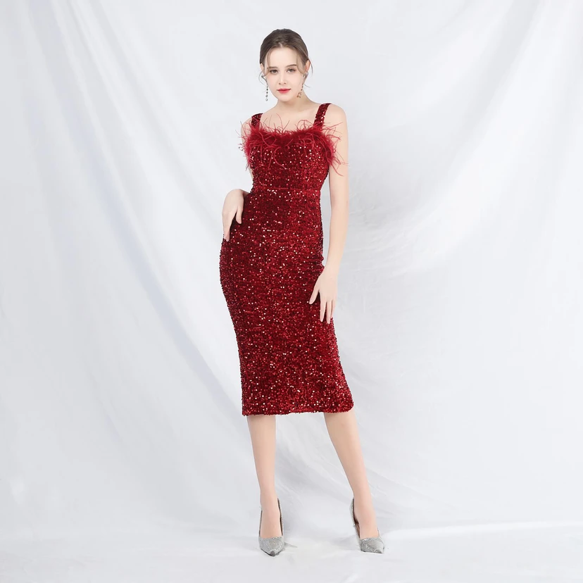 Craft Ostrich Feather Velvet Sequined Evening Dress view 64