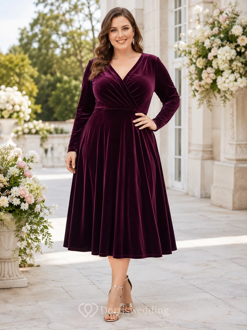 Plum V Neck Long Sleeve Velvet A Line Plus Size Guest Dress