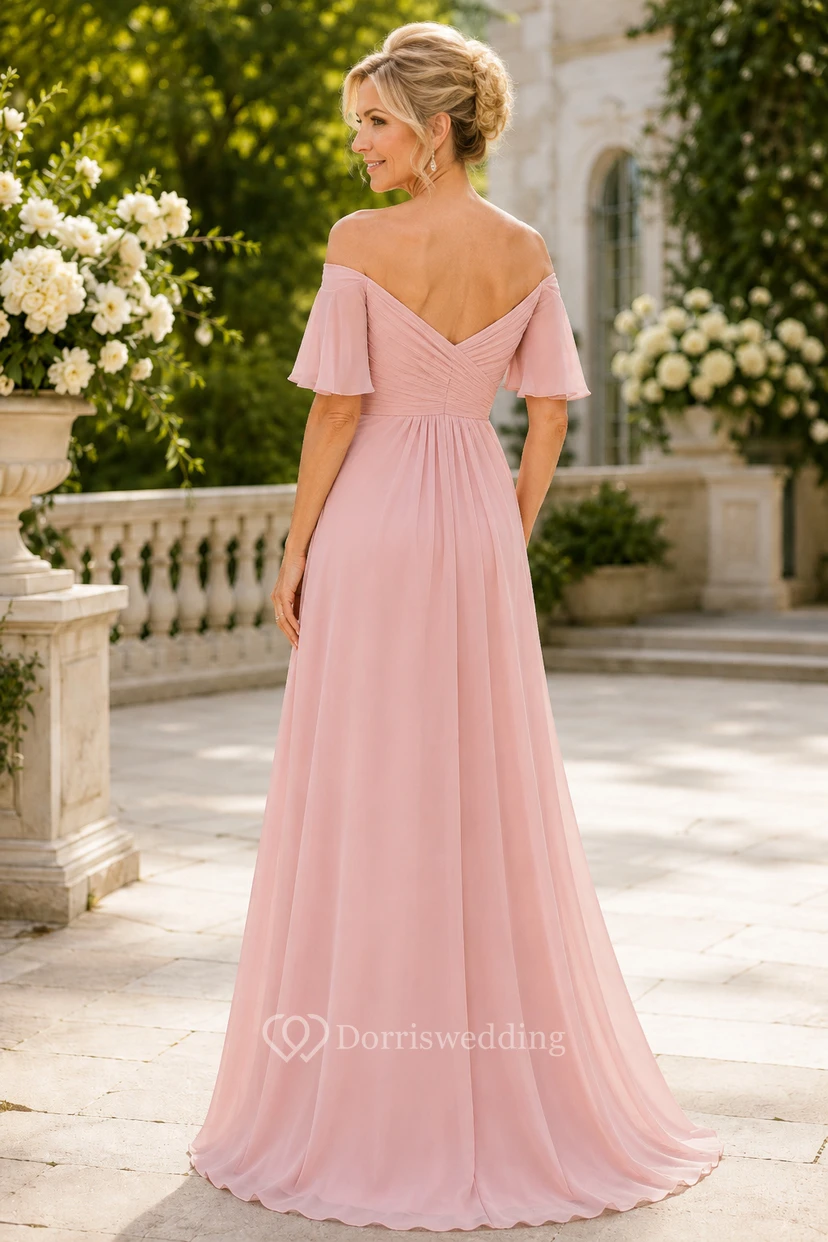Zartrosa schulterfreies Chiffon-Kleid in A-Linie mit flatternden Ärmeln view 2