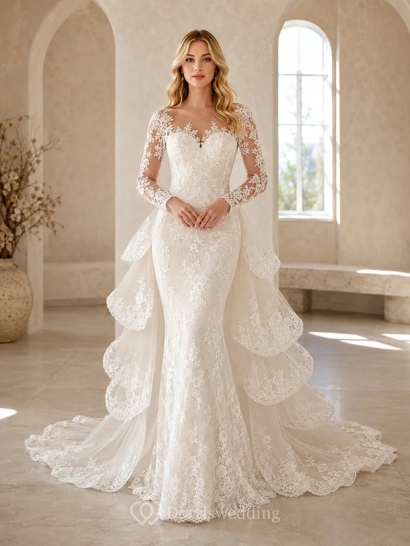 Long Sleeve A-line Lace Ruffles Sweep Train Wedding Dress Formal