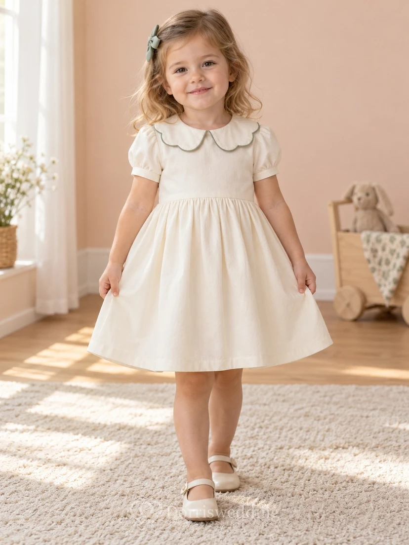 Modest Cream Knee Length Broad Scalloped Collar Small Puff Sleeve Satin Flower Girl Dress