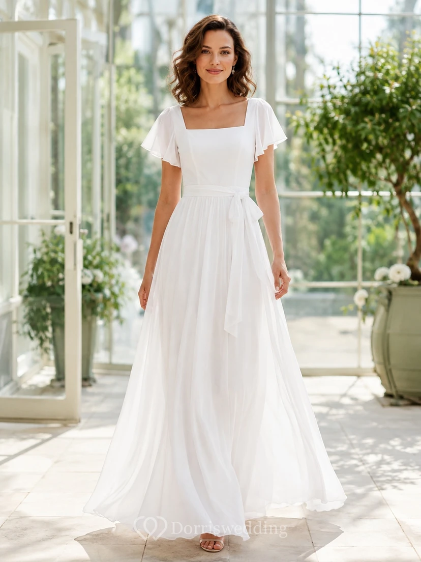 Simple Square Neck Flutter Sleeve Chiffon A-Line Floor-Length Modest Wedding Dress