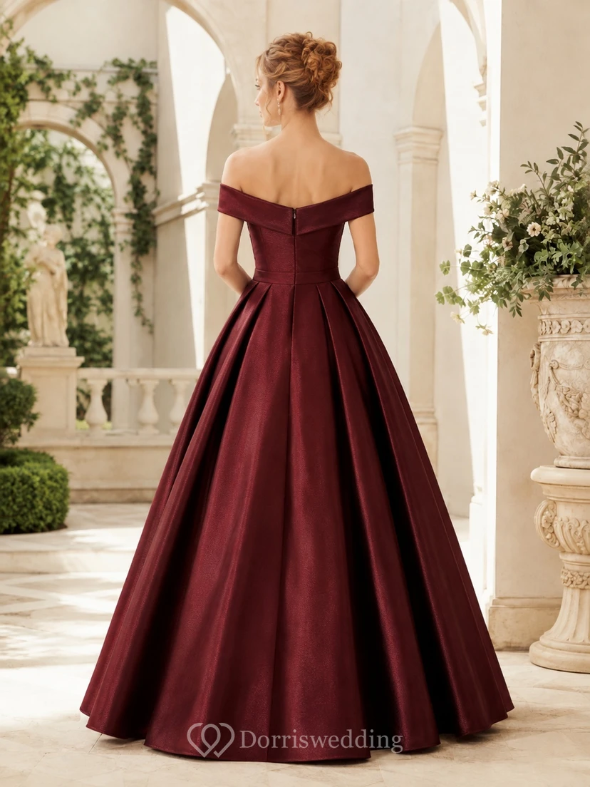 Off-Shoulder Burgundy Pleated Satin Ball Gown Floor-Length Pockets Formal Dress view 2