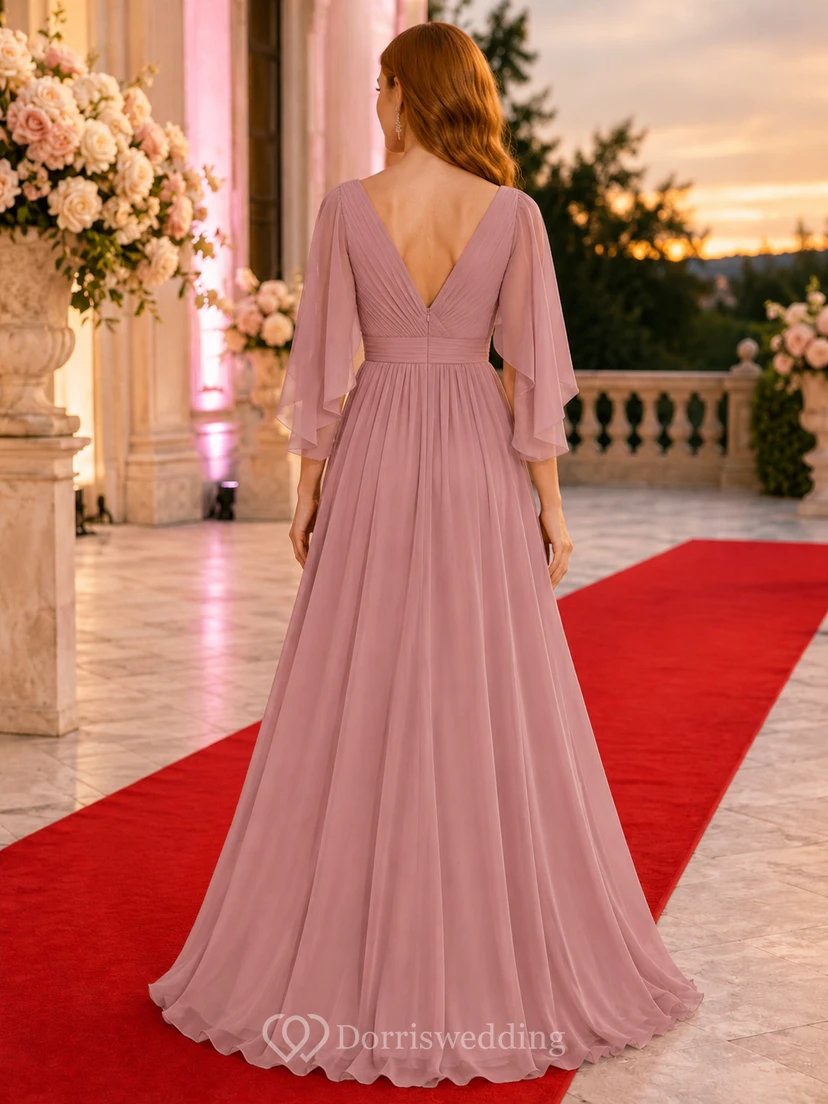 Dusty Rose Glamorous Gala Wedding Guest Bridesmaid Evening Formal Dress A-Line Floor-Length V-Neck Long Sleeve Chiffon Pleated Low V Back view 2