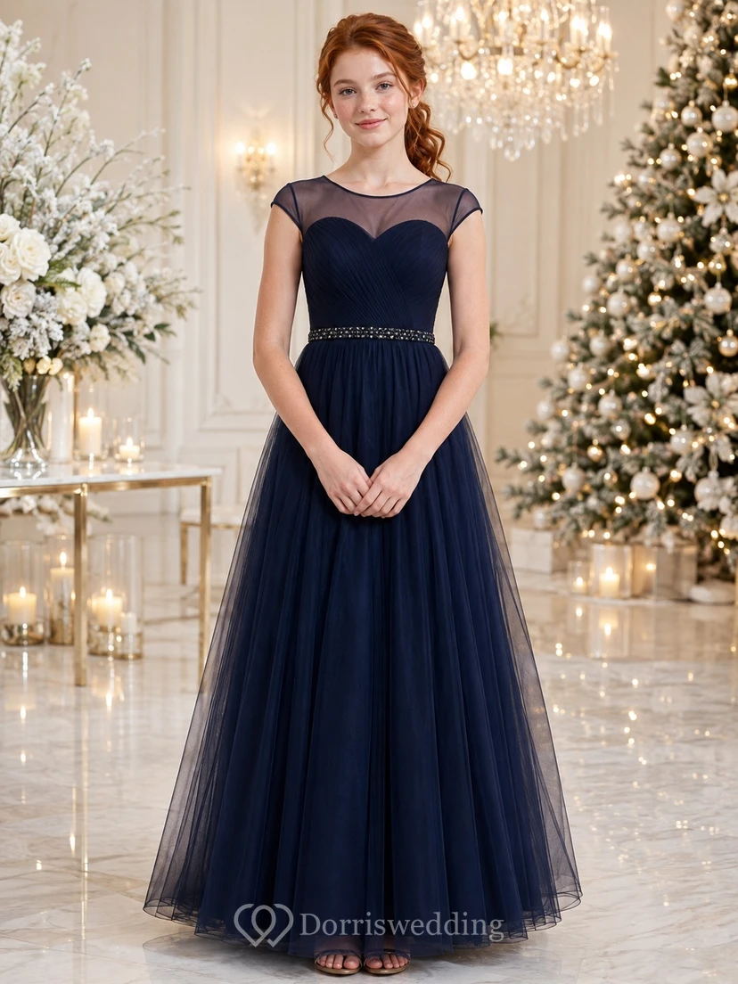 Ink Navy Junior Bridesmaid Dress A-Line Sweetheart Short Sleeve Tulle Elegant