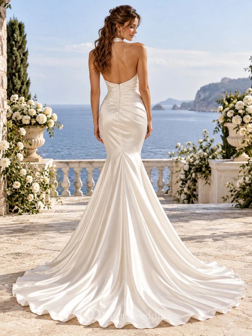 Simple Mermaid Halter Cowl Ruched Satin Backless Train Wedding Dress view 2