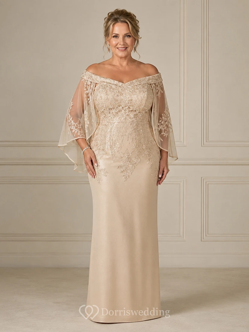 Sheath Off-the-Shoulder Half Sleeve Satin Mother Dress with Cape