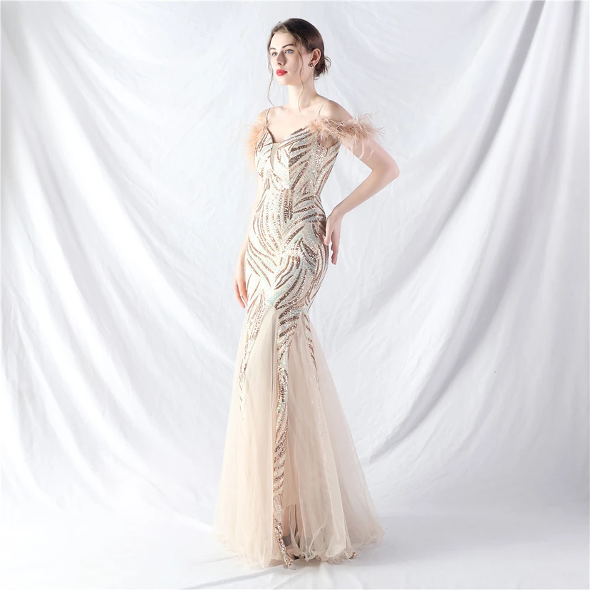 Crafted Ostrich Feather Stacked Sequins Splicing Mesh Gauze High-End Evening Dress Clothes view 53