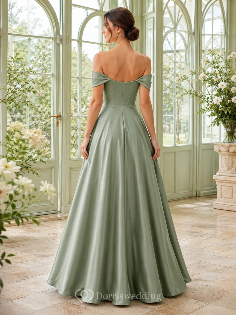 Sage Satin Off-the-shoulder Short Sleeve A-Line Floor-length Elegant Modern Romantic Evening Formal Dress view 2