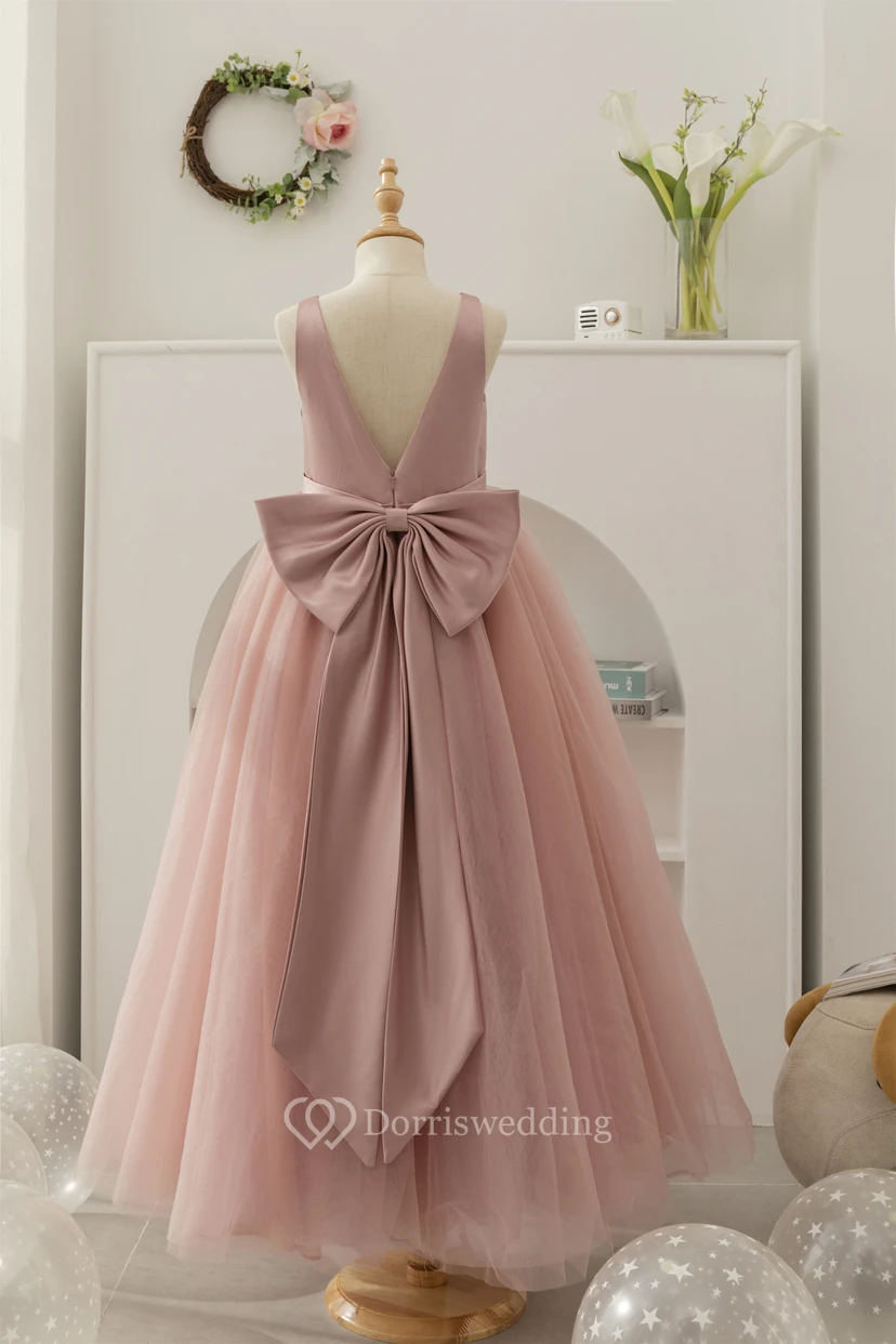 Water Melon V-neck Sleeveless A-line Tulle Pleated Flowergirl Dress view 12