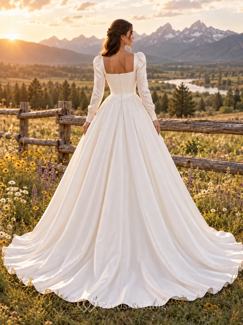 Sencillo vestido de novia de satén estilo western campestre con escote cuadrado, manga larga y corte en A, con botones forrados. view 2
