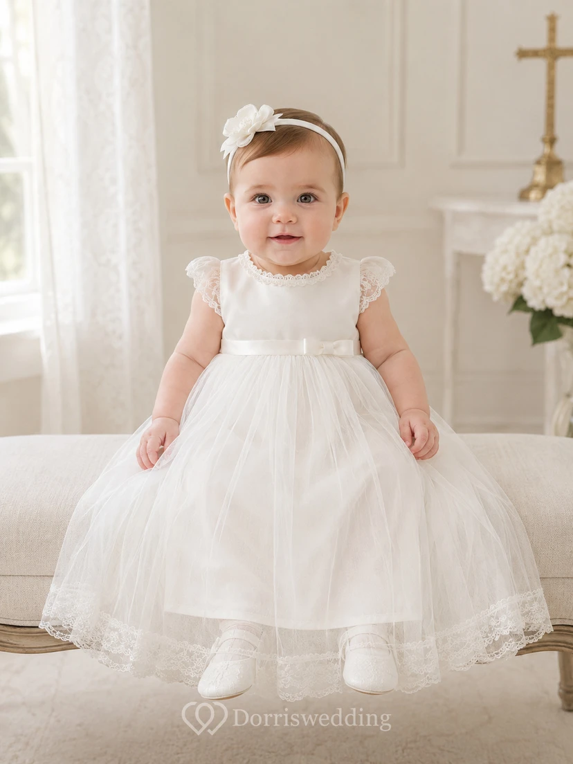 Cap Sleeve Baptism Dress A-Line Tulle Lace Jewel Neck Knee-Length