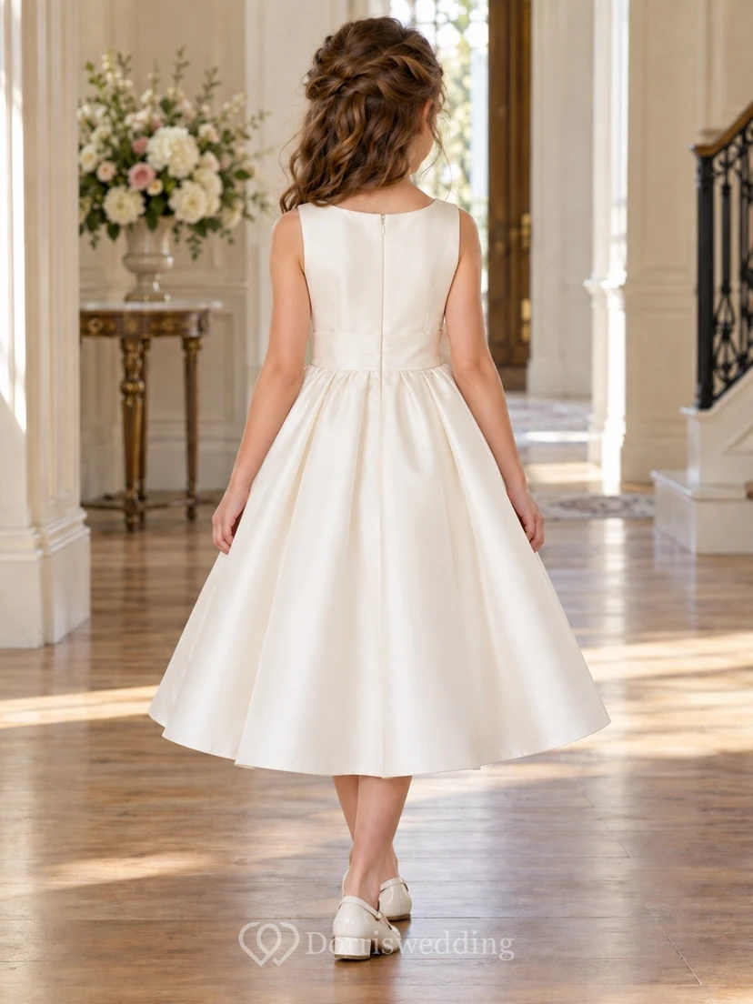 Tea-length Ivory Bateau Sculptural Side Bow Satin Flower Girl Dress view 2