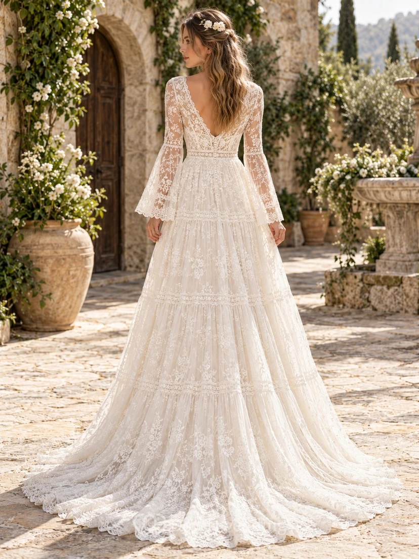 Boho Long Bell Sleeve V-Neck Banded Lace Wedding Dress view 2