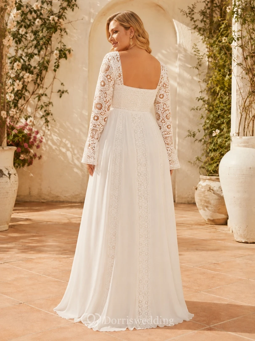 Plus Size Langarm Chiffon Empire-Brautkleid im Boho-Stil mit eckigem Ausschnitt und langen Ärmeln für eine Strandhochzeit view 2